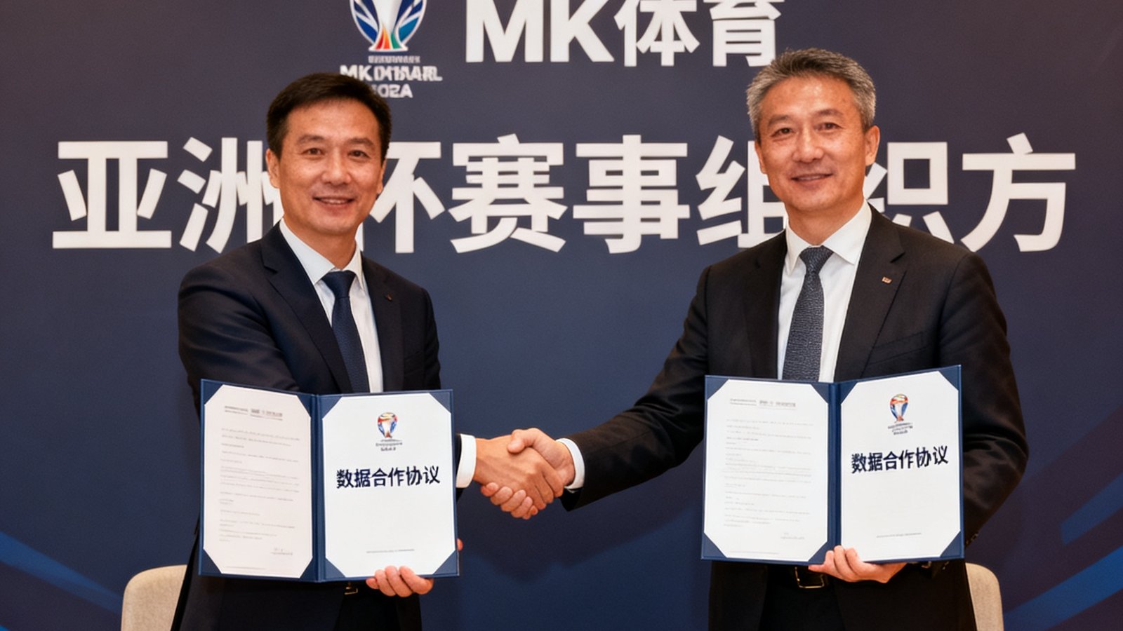 MK体育与亚洲杯赛事组织方签署数据合作协议的现场照片，双方代表握手并展示签约文件
