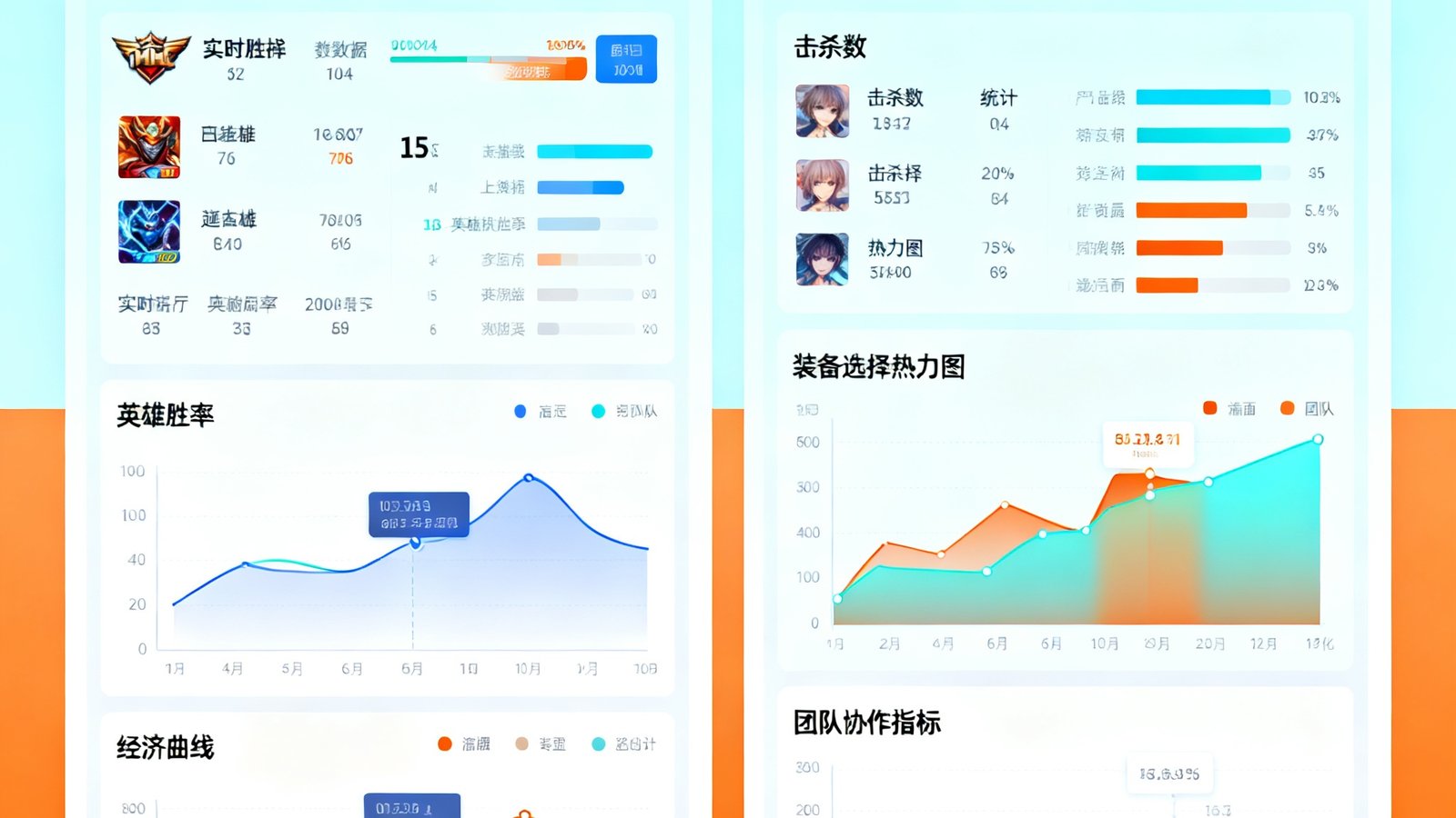 MK体育电竞数据模块的产品界面截图，展示LOL和DOTA2赛事数据的可视化分析面板