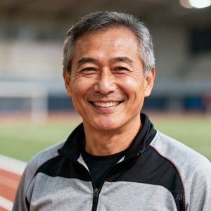 一位穿着休闲运动装的中年男性体育教练的半身照，面带微笑站在训练场边
